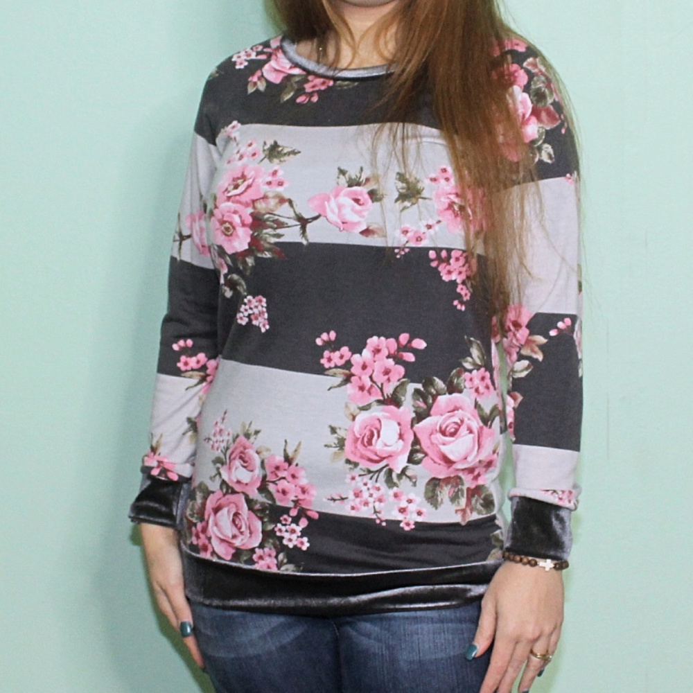 Pink Floral Stripe Top W/ Velvet Trim